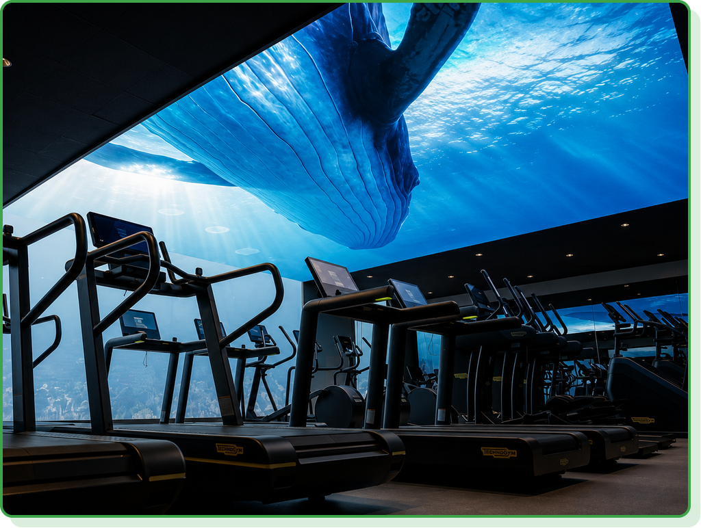 Fitnesscenter i Fredericia med LED-skærm i loftet over løbebånd og crosstrainere